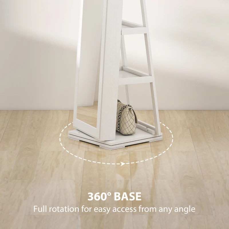 HOMCOM 360° Swivel Jewellery Cabinet, Free Standing Full Length Mirror with Storage, Lockable Jewellery Organiser with Built-in Makeup Mirror and Storage Shelves for Bedroom, White