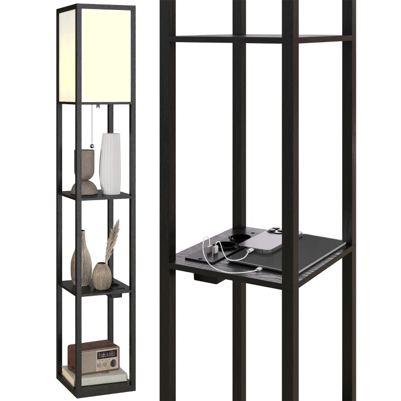 HOMCOM Lampă de Podea LED cu Rafturi, Lampă Modernă cu Comutator Pedală și Porturi USB, Temperatură de Lumină Reglabilă pentru Sufragerie și Dormitor, Negru