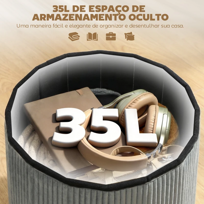 HOMCOM Puff de Arrumação Banco de Arrumação Dobrável 35 L 38x38x38 cm Estofado em Veludo Baú de Arrumação Cinzento Escuro