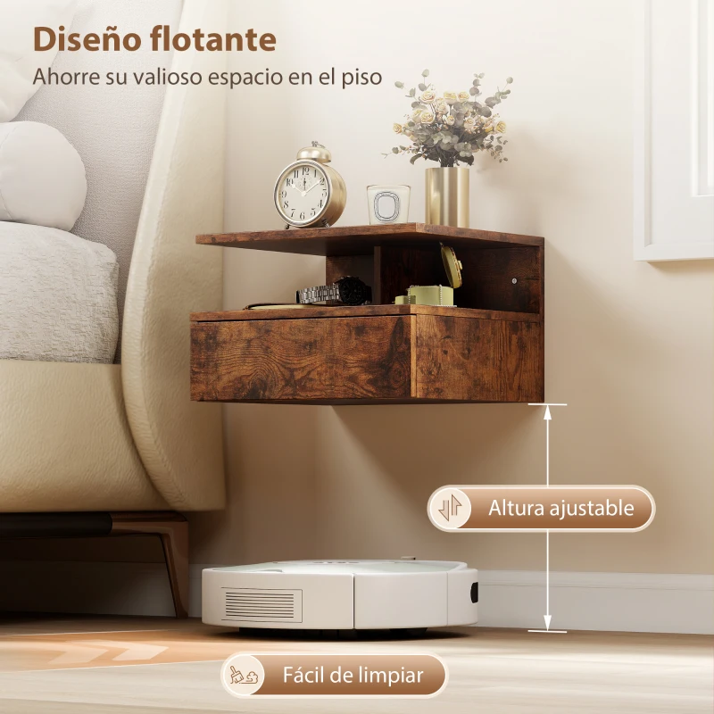 HOMCOM Juego de 2 Mesitas de Noche Flotantes con Cajón Montado en la Pared 35x32x22,5 cm Marrón Rústico