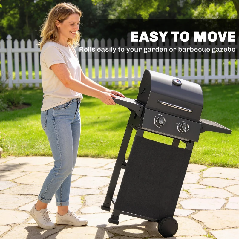 Outsunny Grill gazowy 5,4 kW, 2 palniki, stalowy wózek grillowy z termometrem, chromowany ruszt i półka do podgrzewania