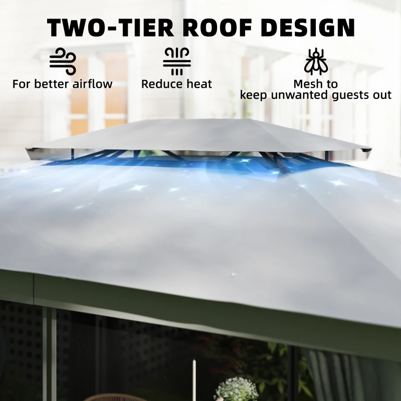 Outsunny Pawilon 3,8x3m Wodoodporny Stabilny Zimowy Pawilon Ogrodowy z Podwójnym Dachem, Zasłony, Siatka na Komary, Haki, Ciemnoszary