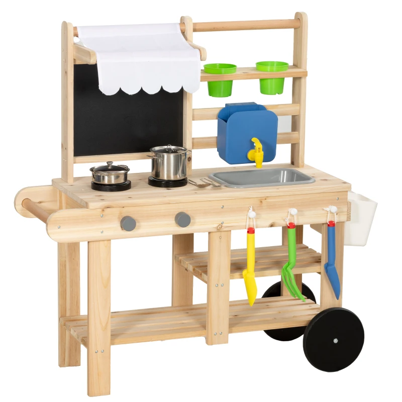 AIYAPLAY Cocina de barro infantil exterior, cocina de juguete de madera con grifo real, fregadero, hornillo, estante, depósito de agua, madera natural