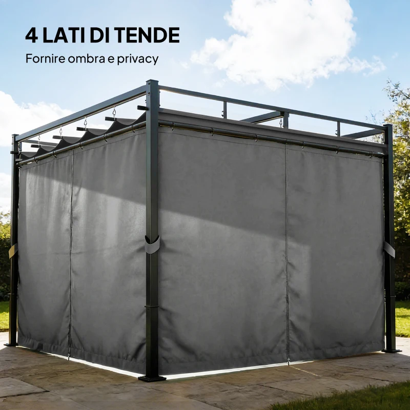 Outsunny Pergola Gazebo 3x3 m con Tetto Scorrevole UV30+ e 4 Pareti Laterali, Grigio Scuro