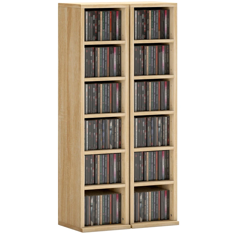 HOMCOM Set de 2 Rafturi pentru CD-uri cu Polițe Reglabile, Capacitate 204 CD-uri, Design Compact, 21x22,5x88,5 cm, Stejar