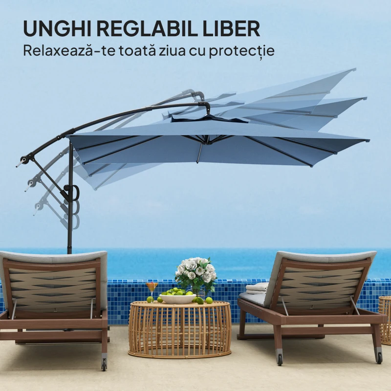 Outsunny Umbrelă de Soare Suspendată cu Rotire la 360°, Mâner cu Manivelă și Înclinare, 300x325x230 cm, Kaki
