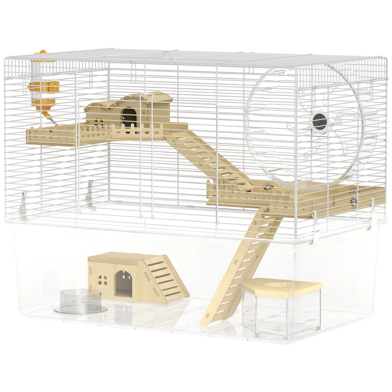 PawHut Cușcă pentru hamster în 3 nivele, cușcă pentru rozătoare cu roată de exerciții, tavă adâncă transparentă, 59 x 35,5 x 47 cm, alb