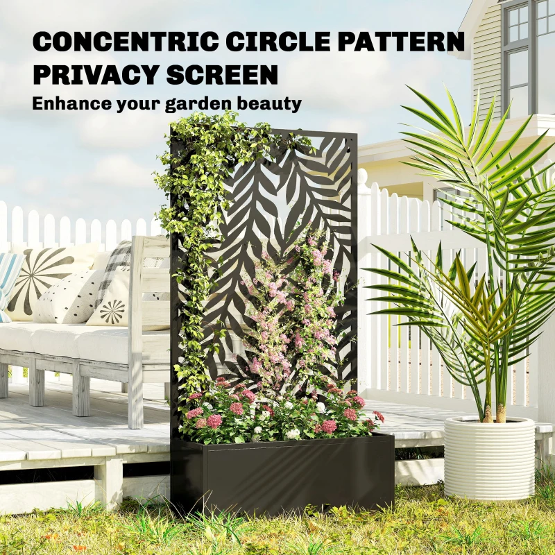 Outsunny Donica z osłoną wizualną Donica z kratką tropikalne motywy liści 61 x 23 x 113 cm Czarny