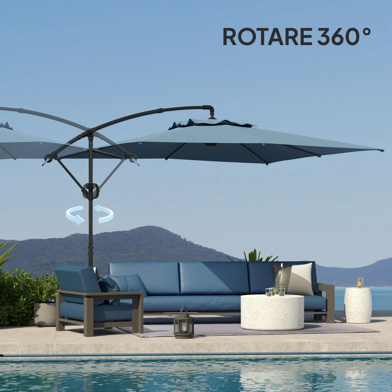 Outsunny Umbrelă de Soare Suspendată cu Rotire la 360°, Mâner cu Manivelă și Înclinare, 300x325x230 cm, Kaki