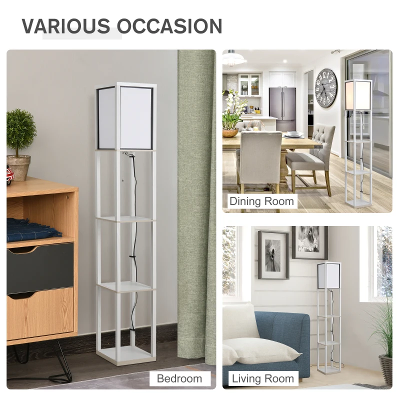 HOMCOM Lampă de Podea 40W cu 3 Rafturi și Comutator cu Pedală, din Lemn și PS, 26x26x160 cm, Albă