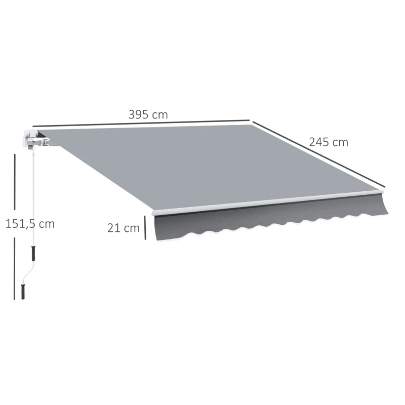 Outsunny Toldo Manual Retrátil 395x245 cm Toldo para Varanda com Manivela Anti-UV Estrutura de Alumínio para Jardim Janelas Cinzento