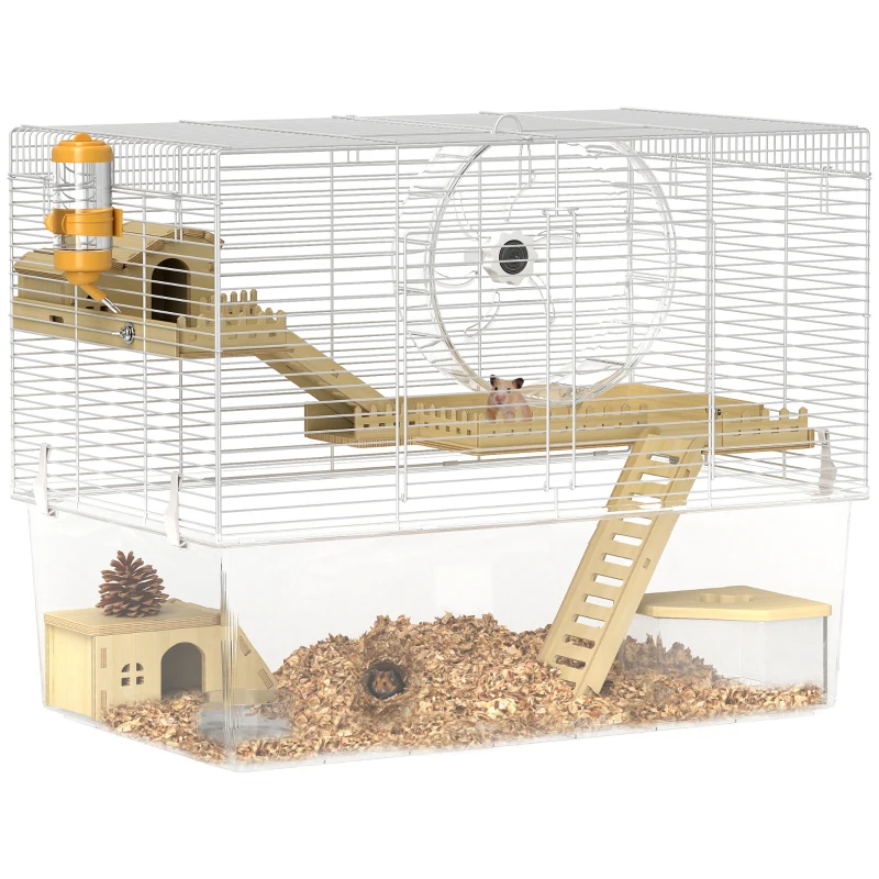 PawHut Cușcă pentru hamster în 3 nivele, cușcă pentru rozătoare cu roată de exerciții, tavă adâncă transparentă, 59 x 35,5 x 47 cm, alb
