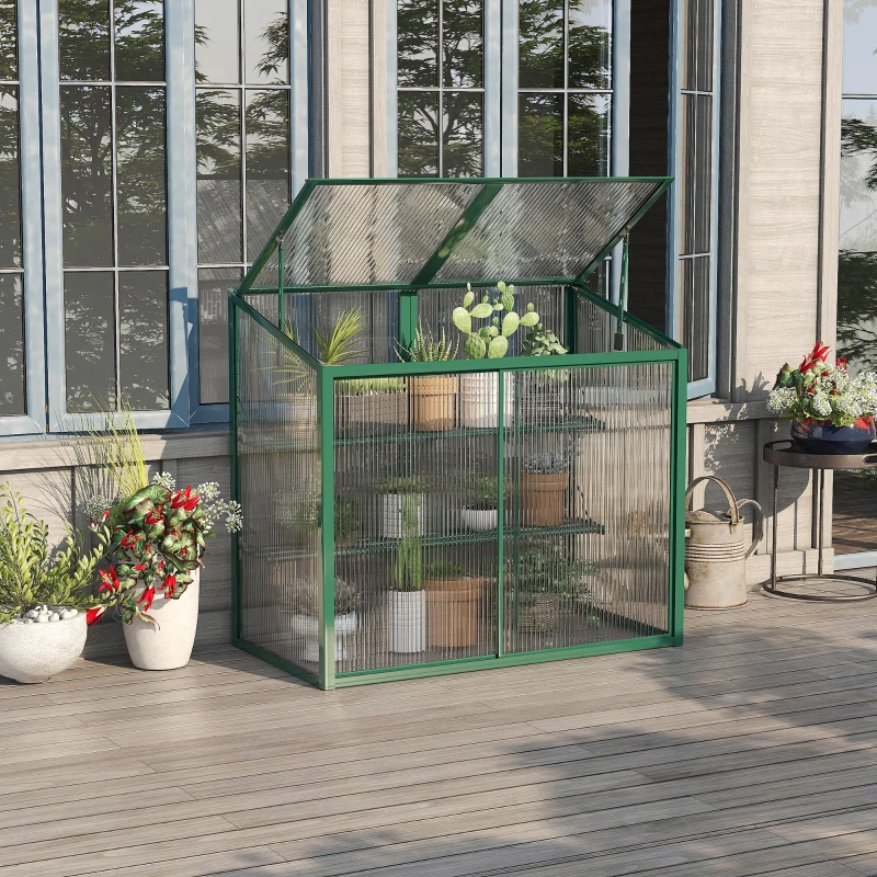 Outsunny Mini serre de jardin en aluminium et polycarbonate avec étagère réglable toit ouvrant 110 x 60 x 82/98,5 cm vert