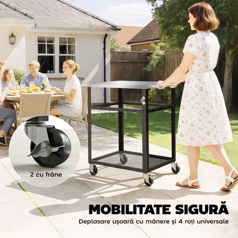 Outsunny Troller pentru Grătar de Exterior cu Blat din Oțel Inoxidabil, 4 Cârlige, Mâner și Roți Blocabile, Negru