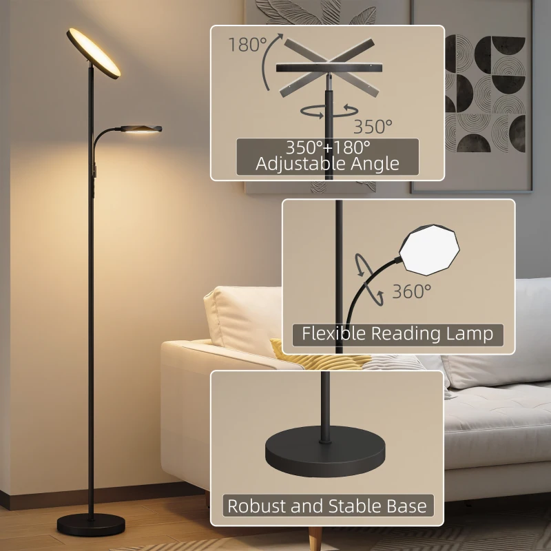 HOMCOM LED Floor Lamp for Living Room, Stepless Dimmable Standing Lamp, Mother and Child Uplighter with Reading Light, 4 Scene Modes, 2700K-6500K Colour Temps, 4 Brightness Levels, Remote Control
