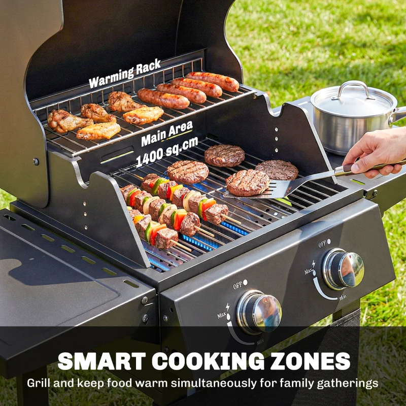 Outsunny Grill gazowy 5,4 kW, 2 palniki, stalowy wózek grillowy z termometrem, chromowany ruszt i półka do podgrzewania