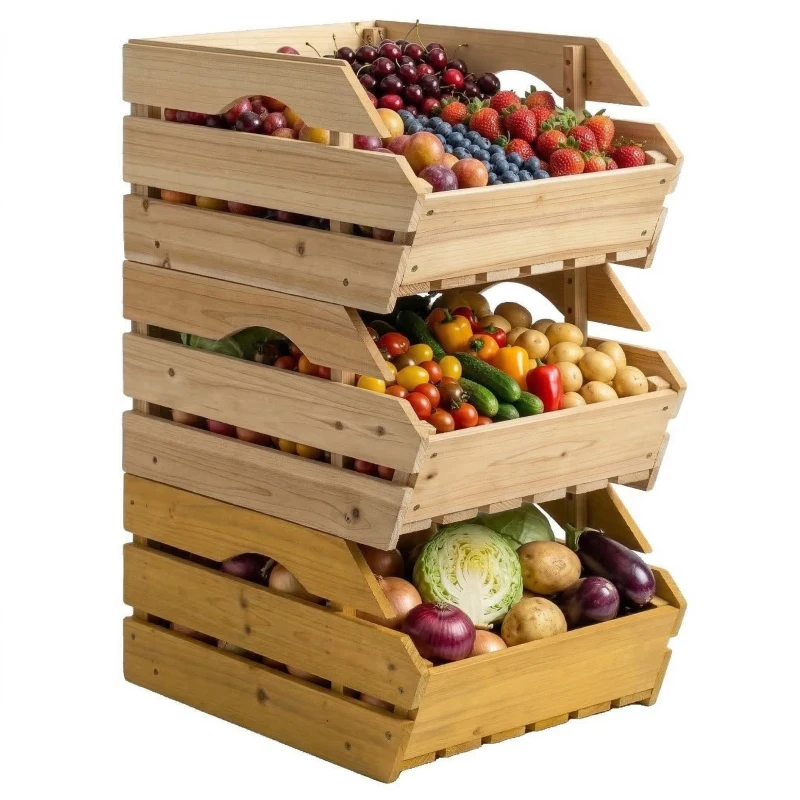 Outsunny 3-stufiger, abnehmbarer Obstkorbständer aus Fichtenholz für Obst und Gemüse, 37,5x27x60cm, Natur