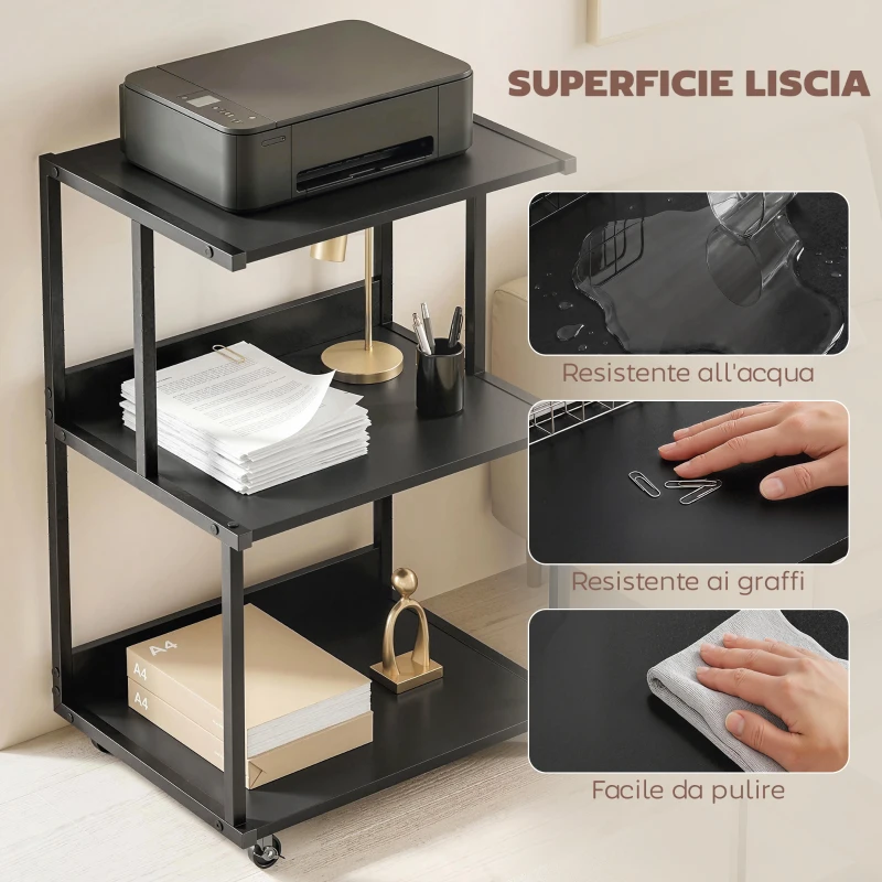 HOMCOM supporto stampante 3 livelli con ruote, tavolino industriale metallo ufficio, nero.