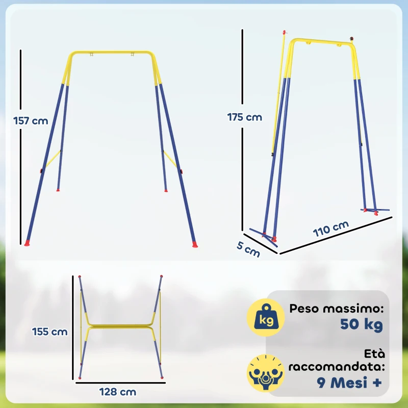 AIYAPLAY Struttura per Altalena da Giardino con 2 Ganci, in Acciaio, 128x155x157 cm, Giallo e Blu