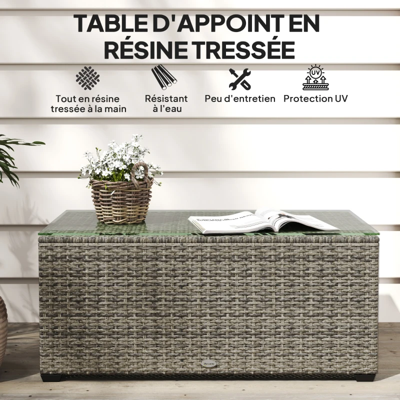 Outsunny Table basse de jardin, table d'appoint en résine tressée avec plateau en verre trempé, 90 x 50 x 38 cm, gris foncé