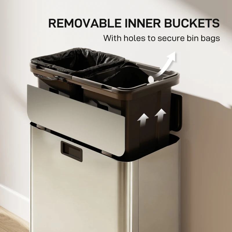 HOMCOM Dual Kitchen Bin with Soft-Close Butterfly Lid, 2 x 28L Stainless Steel Pedal Bin with Removable Inner Buckets, Fingerprint-Proof for Recycling and Waste, Silver Tone