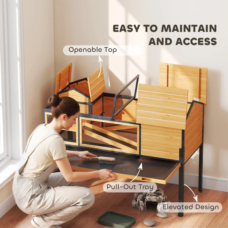 PawHut Dom dla żółwi, klatka dla małych zwierząt, 2 pokoje, 2 poziomy, okna, rampy, akcesoria, drewno, stal, Żółty