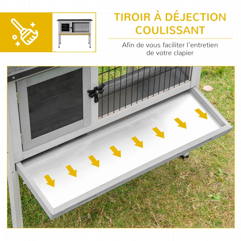PawHut Clapier sur pieds cage à lapin avec niche intérieure plateau excrément coulissant porte verrouillable toit ouvrant bois de sapin gris blanc
