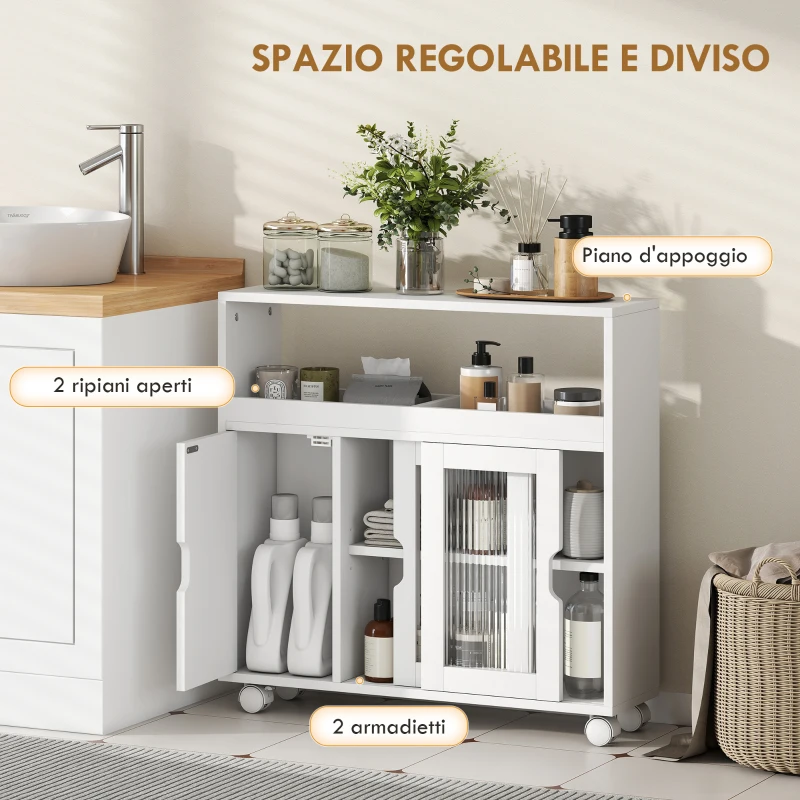 HOMCOM Mobile per Bagno a Rotelle in Legno con Spazio Aperto, Ripiani Regolabili e Ante in Vetro, 71x20x70 cm, Bianco