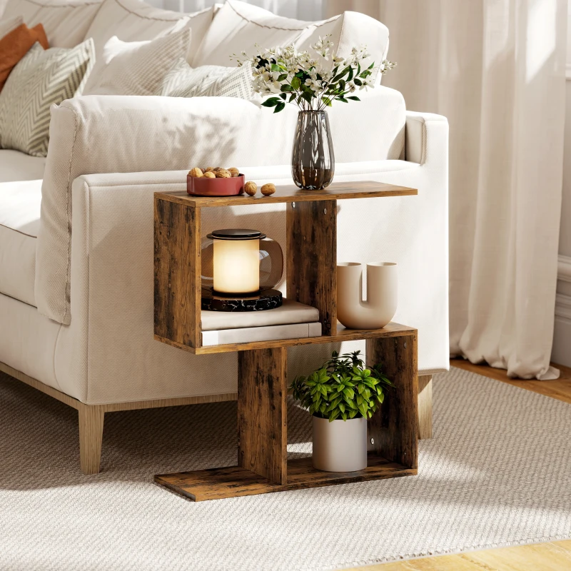 HOMCOM Side Table, Narrow End Table with Storage Shelves, S-Shaped, 3-Tier, 50W x 19.5D x 58H cm, Rustic Brown