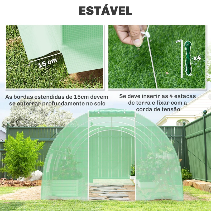 Outsunny Estufa Tipo Túnel 6x3x2 m com Paredes Laterais Enroláveis 8 Janelas de Malha e Porta Enrolável com Fecho de Correr Verde