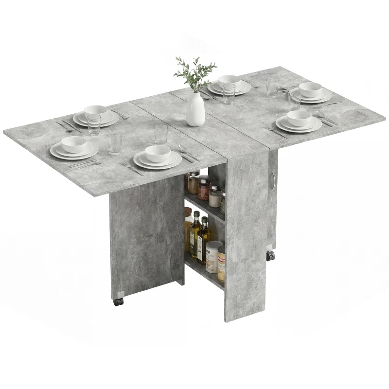 HOMCOM 80-140 cm Folding Dining Table for 4-6 People, Drop Leaf Table with 2-Tier Shelves, Rolling Casters, for Small Spaces, Kitchen, Flat, Dining Room, Cement Grey