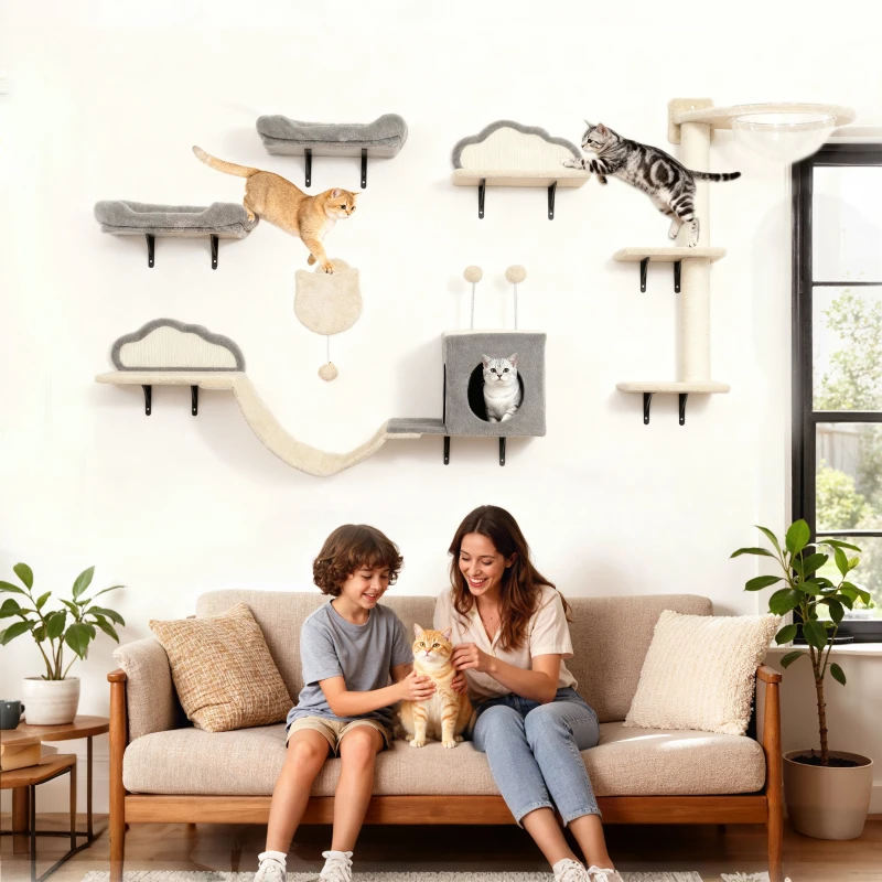 PawHut Etajere murale pentru pisici set mobilier de perete 6 piese hamac cu bulă acrilică cușcă hamac scară bej