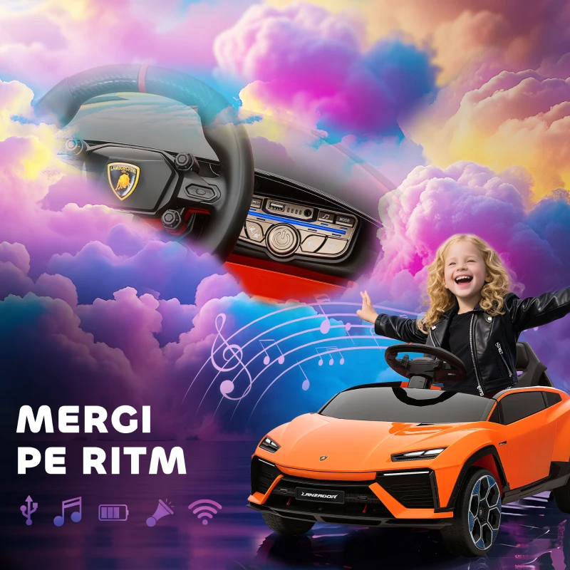 AIYAPLAY Mașinuță electrică pentru copii cu licență Lamborghini, claxon și telecomandă, 101,5x49x43 cm, portocaliu