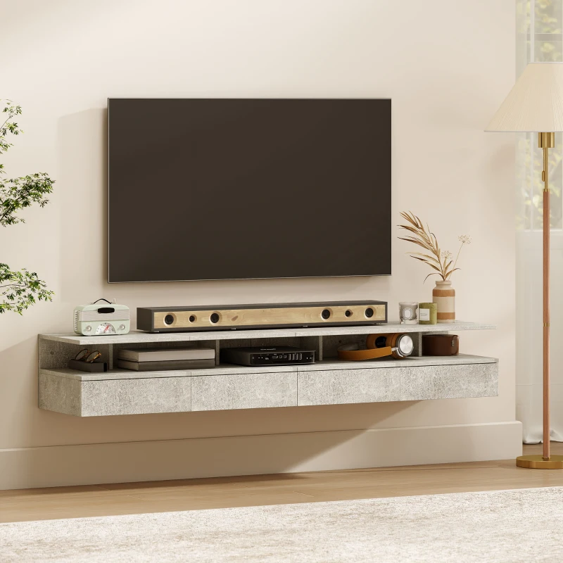 HOMCOM Set di 2 Comodini Sospesi con Cassetto e Mensola Aperta, 35x32x22.5 cm, Grigio Cemento