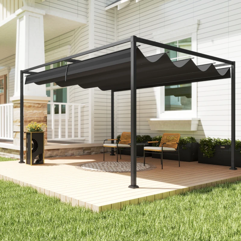 Outsunny Pergolă 3x2 m cu Acoperiș Retractabil, Orificii de Drenaj, Țepușe și Șuruburi, Pergolă de Grădină din Poliester și Metal, pentru Terasă, Curte, Exterior, Negru