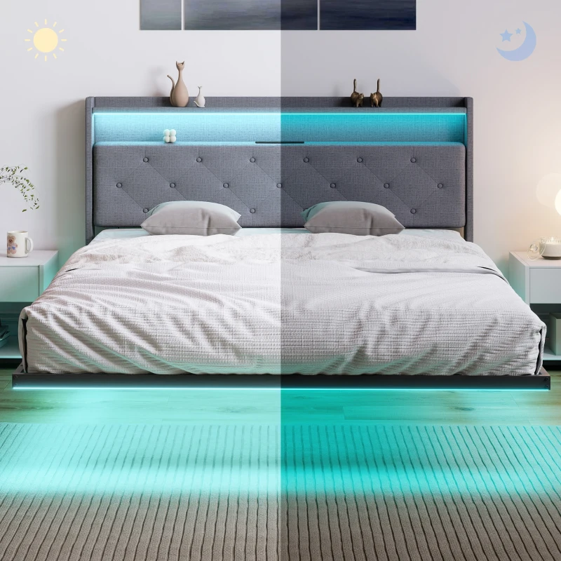 HOMCOM Floating Bed Frame, Upholstered 5ft King Size Bed, Platform Bed with RGB LED Lights and Charging Station, Grey