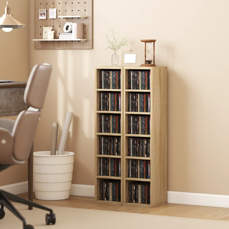 HOMCOM Set de 2 Rafturi pentru CD-uri cu Polițe Reglabile, Capacitate 204 CD-uri, Design Compact, 21x22,5x88,5 cm, Stejar