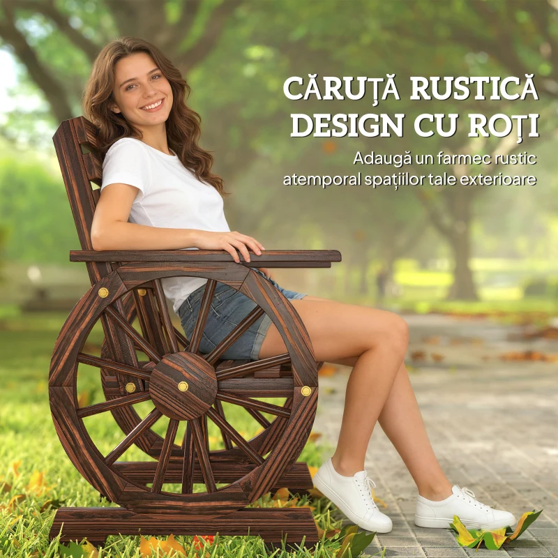 Outsunny Bancă de Grădină din Lemn cu Lamele 1 Loc, Scaun de Exterior cu Cotiere și Roată, Fotoliu din Lemn Masiv, Șezut Spațios, Spătar Înclinat, Grădină, Curte, Verandă, Finisaj Carbonizat