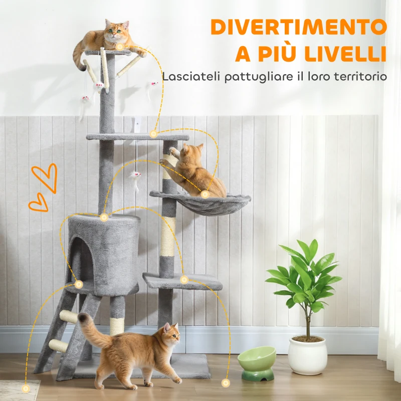 PawHut Torre per Gatti con Casetta, Trespolo, Piattaforme e 4 Topolini, in Legno, Peluche e Sisal, 60x35x134 cm, Grigio