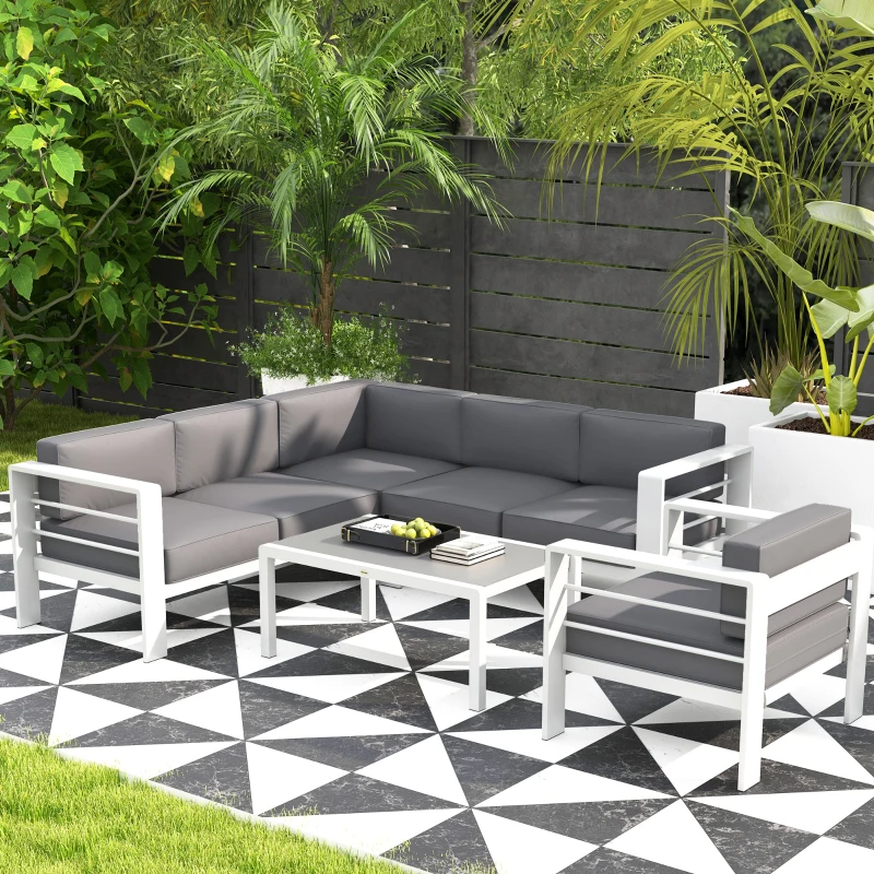 Outsunny Five-Piece Aluminium Garden Sofa Set, with Glass-Top Table - Grey