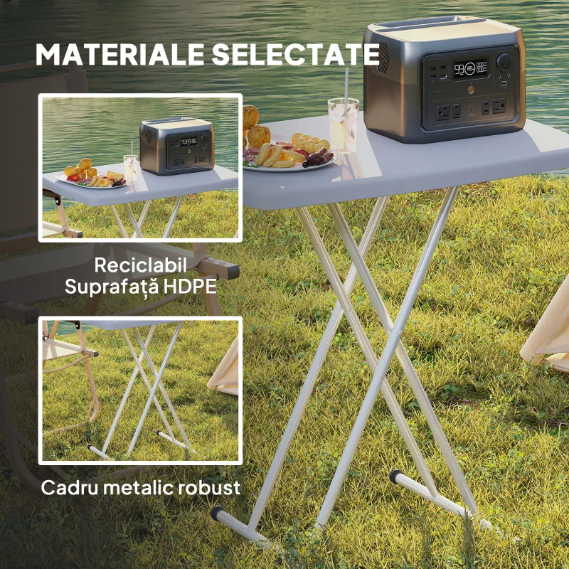 Outsunny Măsuță de Cafea Pliabilă, Reglabilă pe Înălțime și Portabilă, cu Blat HDPE și Cadru Metalic, 76x50x74 cm, Alb