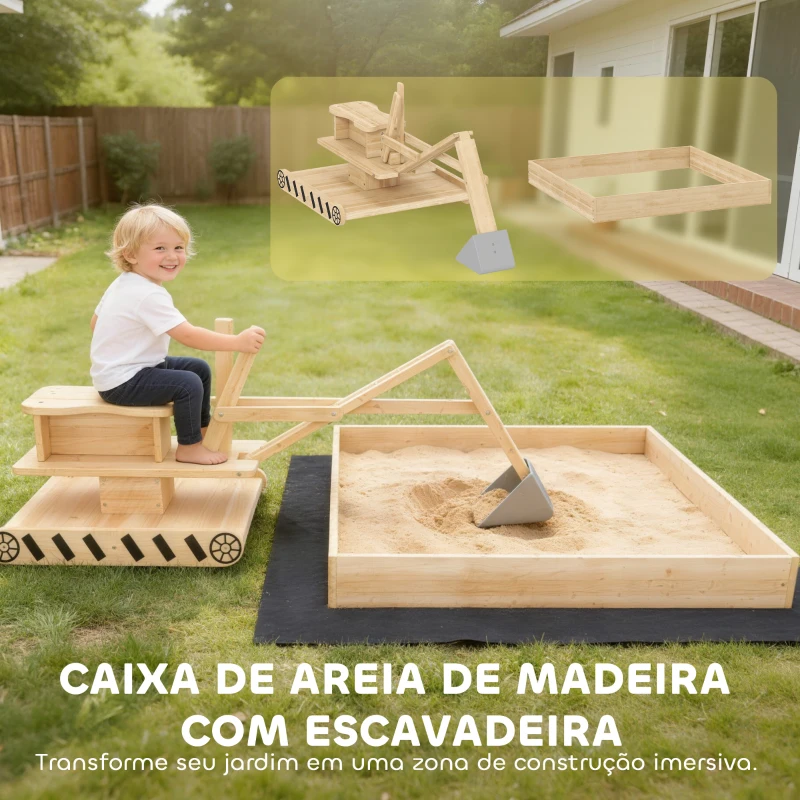 AIYAPLAY Caixa de Areia Infantil de Madeira com Escavadora Assento Giratório 360°e Forro 184x90x56 cm Madeira