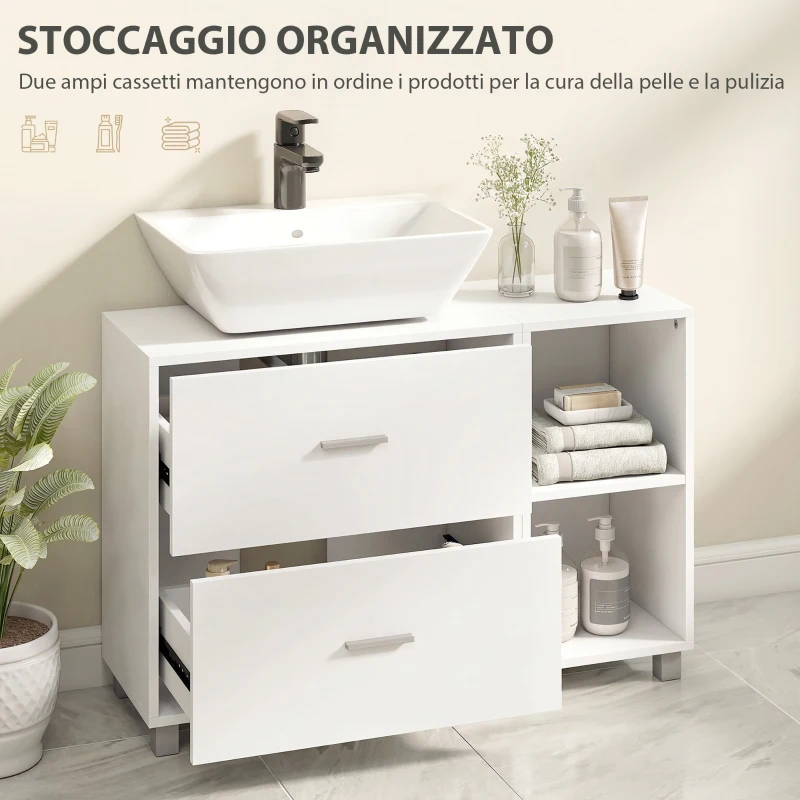HOMCOM Mobile Sottolavabo Bagno con 2 Cassetti e Ripiani Aperti, in Legno, 90x30x60 cm, Bianco