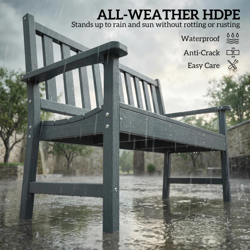 Outsunny 2 Seater Plastic Garden Bench, Outdoor Patio Bench with Armrest and Backrest, Weatherproof Outdoor Furniture for Balcony