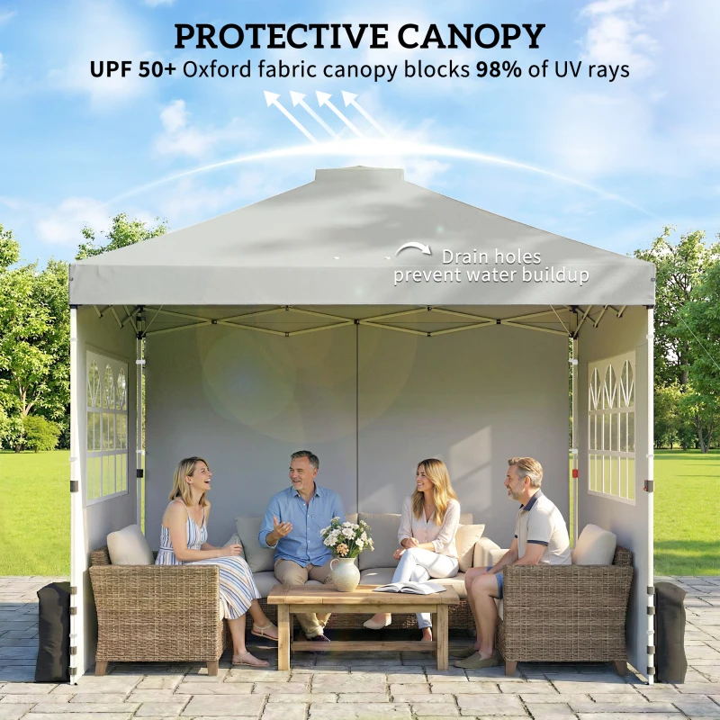 Outsunny Pawilon ok. 3x3 m Wodoodporny Regulowany Pop-up Składany Pawilon z 3 Ścianami Bocznymi, Oknem, Wentylacją, UV 50+ Jasnoszary