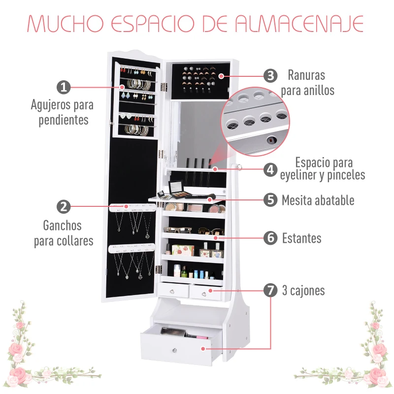 HOMCOM Espelho de joalheiro Armário de joias de pé com luzes LED Gavetas de bloqueio Espelho e dobradiça interior para comédicos 45x36x150cm