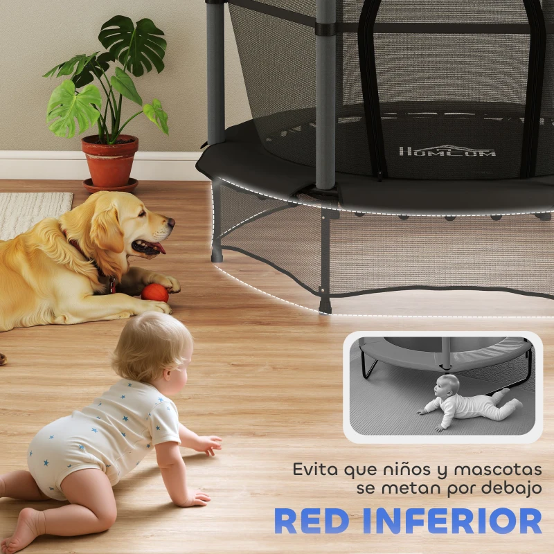 HOMCOM Trampolín para Niños de +3 Años Ø140 cm con Red de Seguridad y Marco de Acero para Interior y Exterior Negro