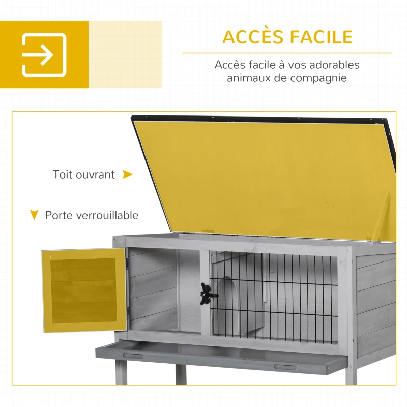 PawHut Clapier sur pieds cage à lapin avec niche intérieure plateau excrément coulissant porte verrouillable toit ouvrant bois de sapin gris blanc