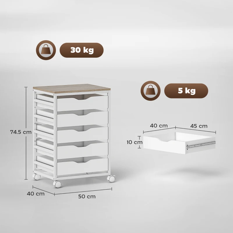 HOMCOM Corp birou mobil, mobilier de depozitare pe roți din lemn cu 5 sertare, mânere încastrate, 50 x 40 x 74,5 cm , alb