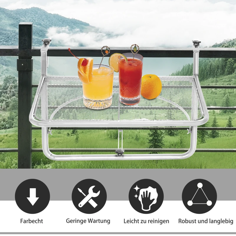 Outsunny Balkonhängetisch 3-fach höhenverstellbarer Hängetisch aus Metall wetterfest Balkontisch Beistelltisch für Balkongeländer Terrassengeländer Tisch zum Einhängen 60 x 56 cm, Weiß
